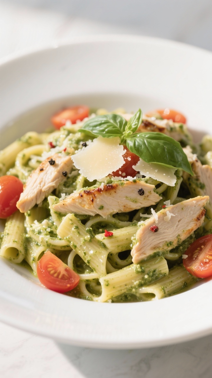 Final dish — Creamy Pesto Chicken Pasta: Beautifully plated creamy pesto chicken pasta (al dente s