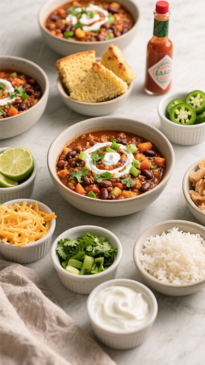 Final dish – Family-friendly toppings bar: Overhead, restaurant-quality spread of bowls filled wit