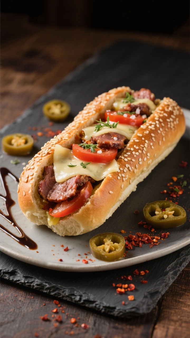 Final dish glamour: Restaurant-quality presentation of the assembled grinder on a sesame-studded Ita