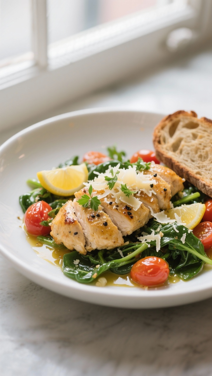 Final dish: Lemon-Garlic Chicken Toss plated in a wide shallow bowl—golden chicken, burst cherry t