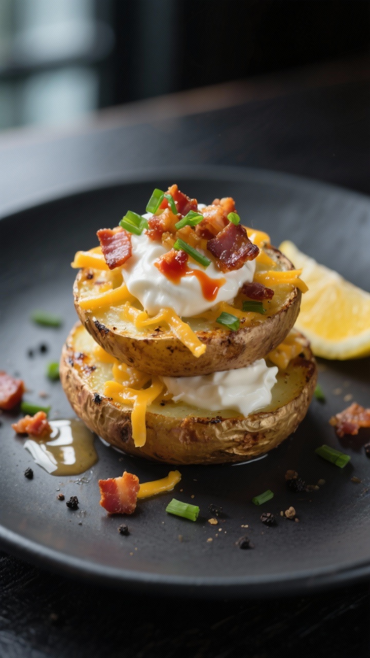 Final dish — Loaded Baked Potato riff: Beautifully plated seared potato rounds on a matte charcoal