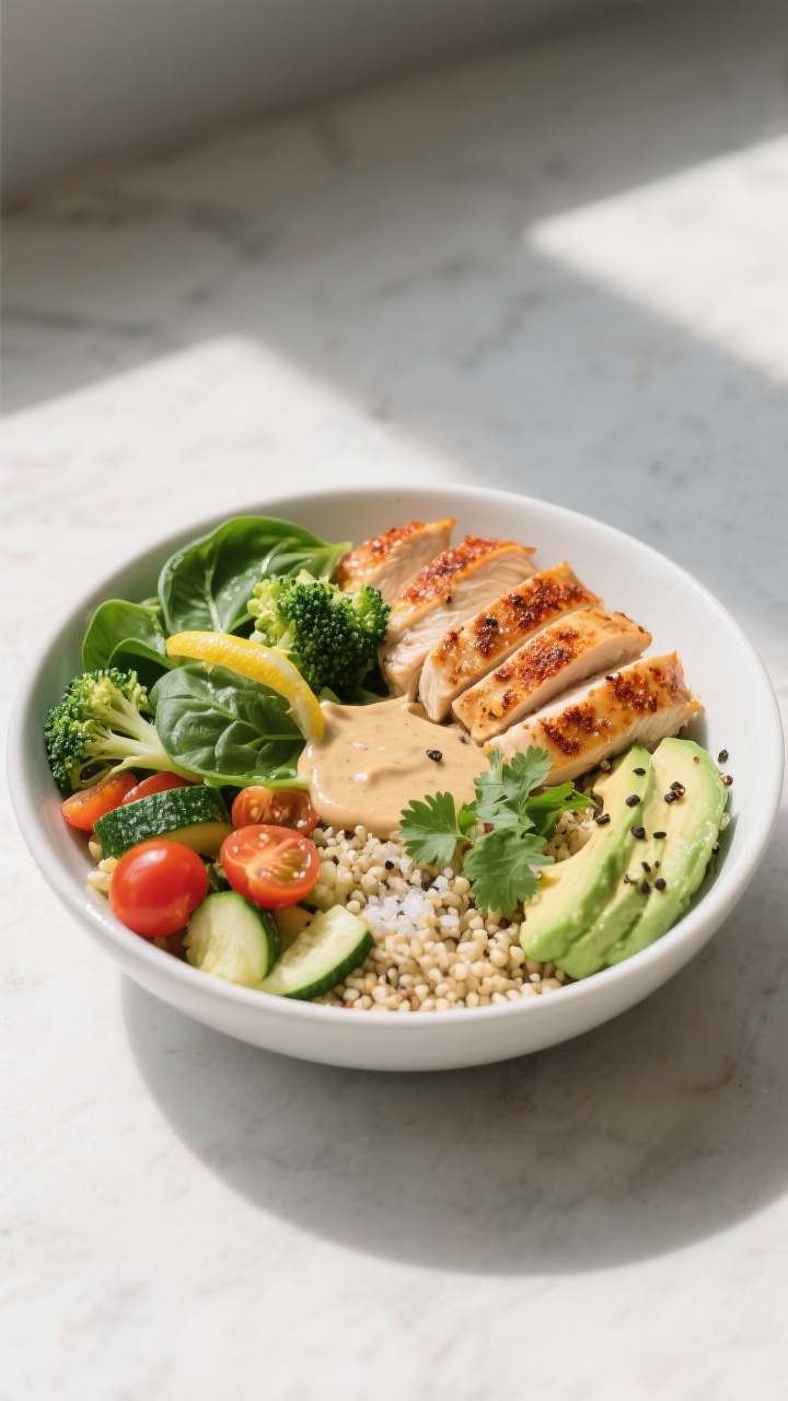 Final dish plate-up: Zesty Chicken & Veggie Power Bowl beautifully arranged in a wide white bowl—f
