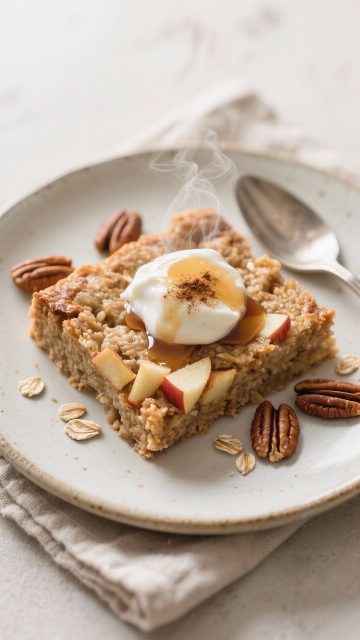 Warm Cinnamon Apple Oatmeal Bake (From Leftover Apples) — The Lazy Genius Breakfast That Tastes Like a Hug Final dish plated: A neat square of the baked oatmeal on a ceramic breakfast plate, topped with a ge