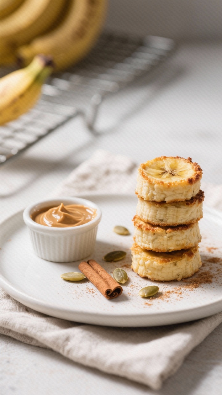 Final dish plated: Beautifully arranged stack of baked banana snack bites on a matte white ceramic p