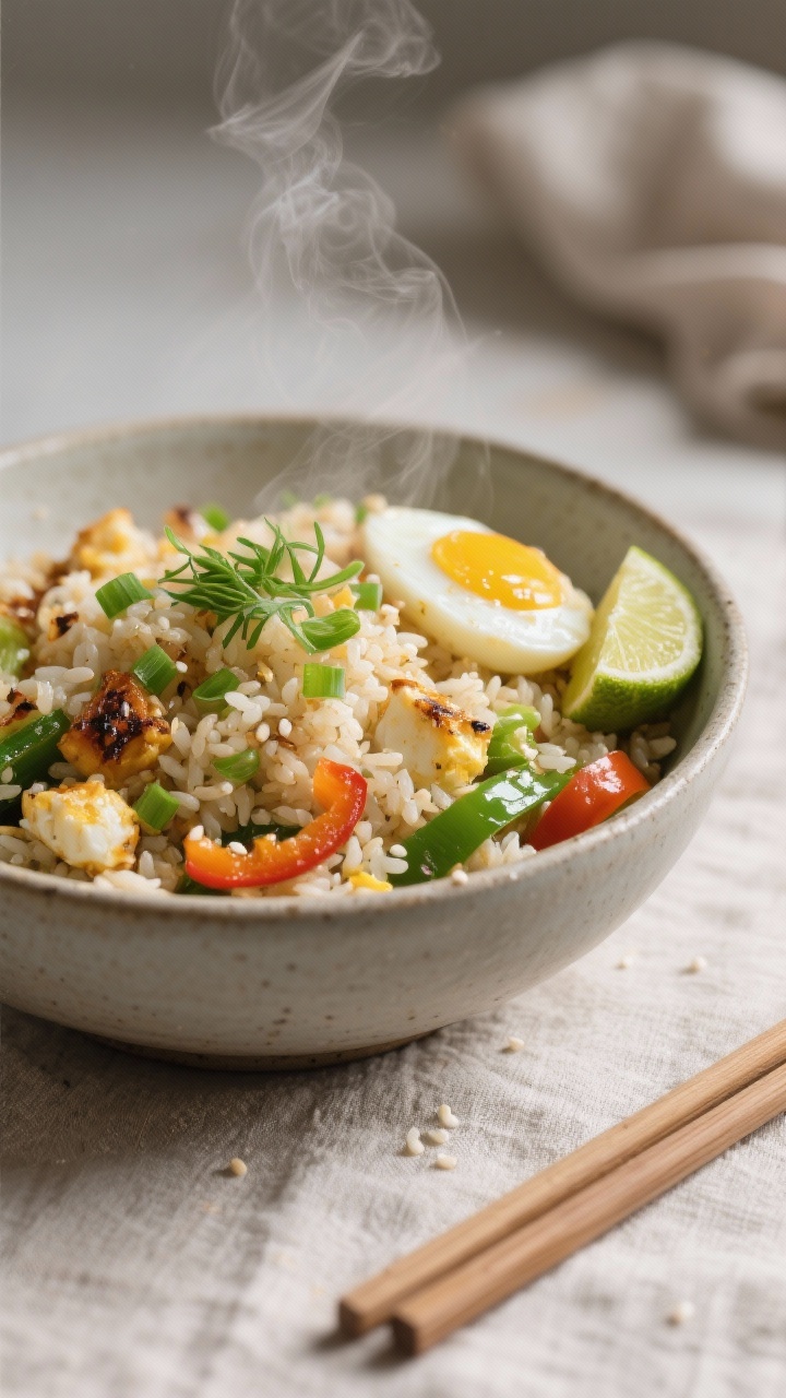 Final dish — plated bowl: Beautifully plated vegetable fried rice with eggs in a matte ceramic bow