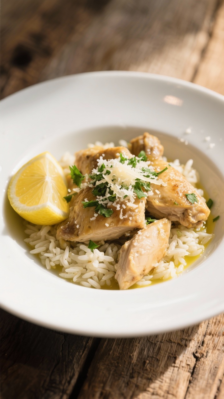 Final dish plated: Restaurant-quality bowl of one-pot chicken and rice fluffed and finished with lem
