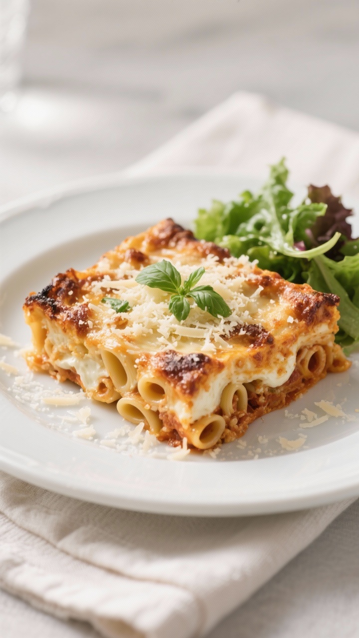 Final dish plated: Restaurant-quality presentation of a hearty square of baked ziti on a white ceram