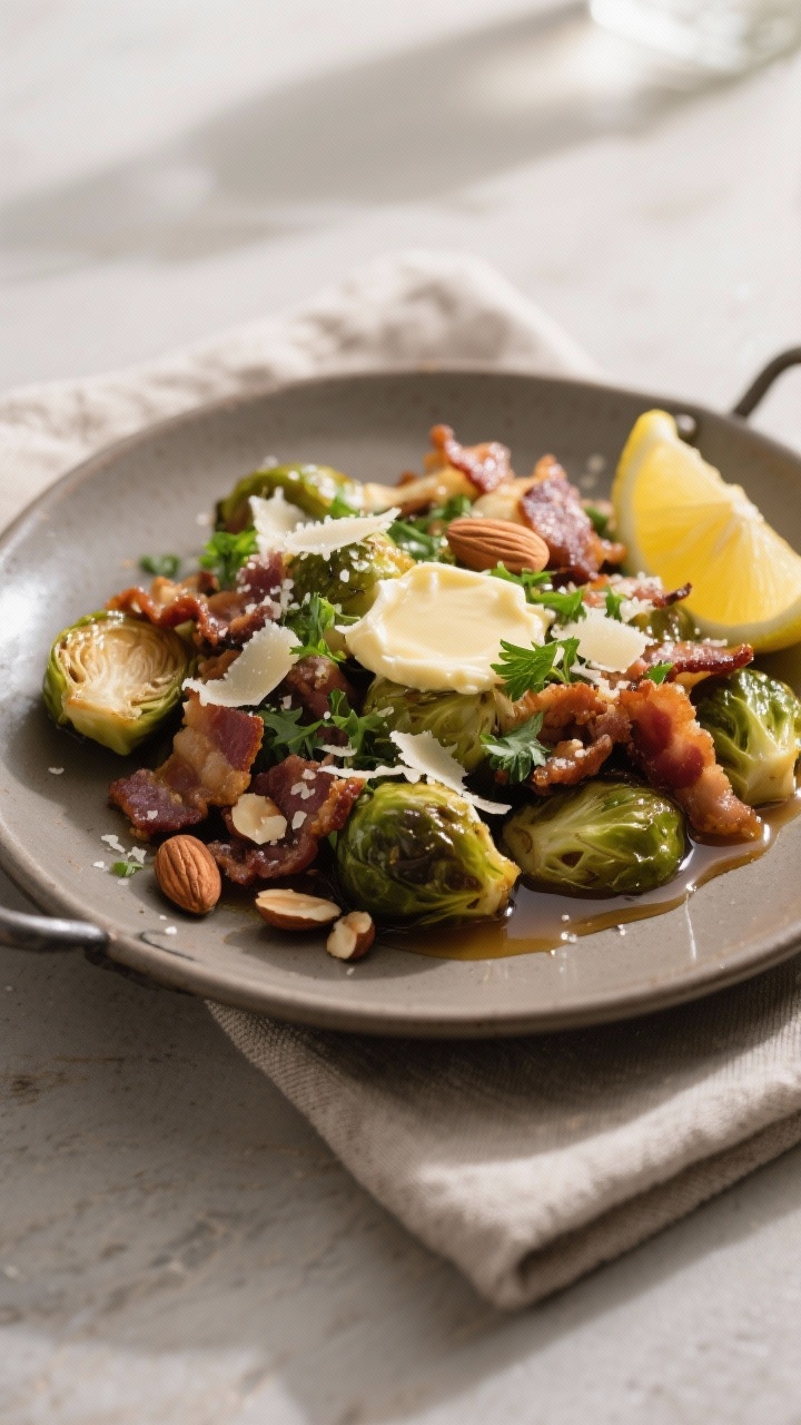Final dish plated: Restaurant-quality presentation of Leftover Bacon Brussels Sprouts Skillet on a w