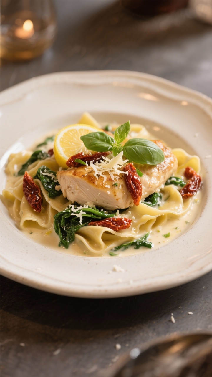 Final dish, plated romance: Creamy Tuscan Chicken served over silky pappardelle, generously napped i