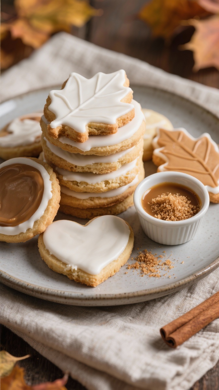 Final dish presentation: A beautiful plate of assorted iced cookies—leaves, circles, and hearts—