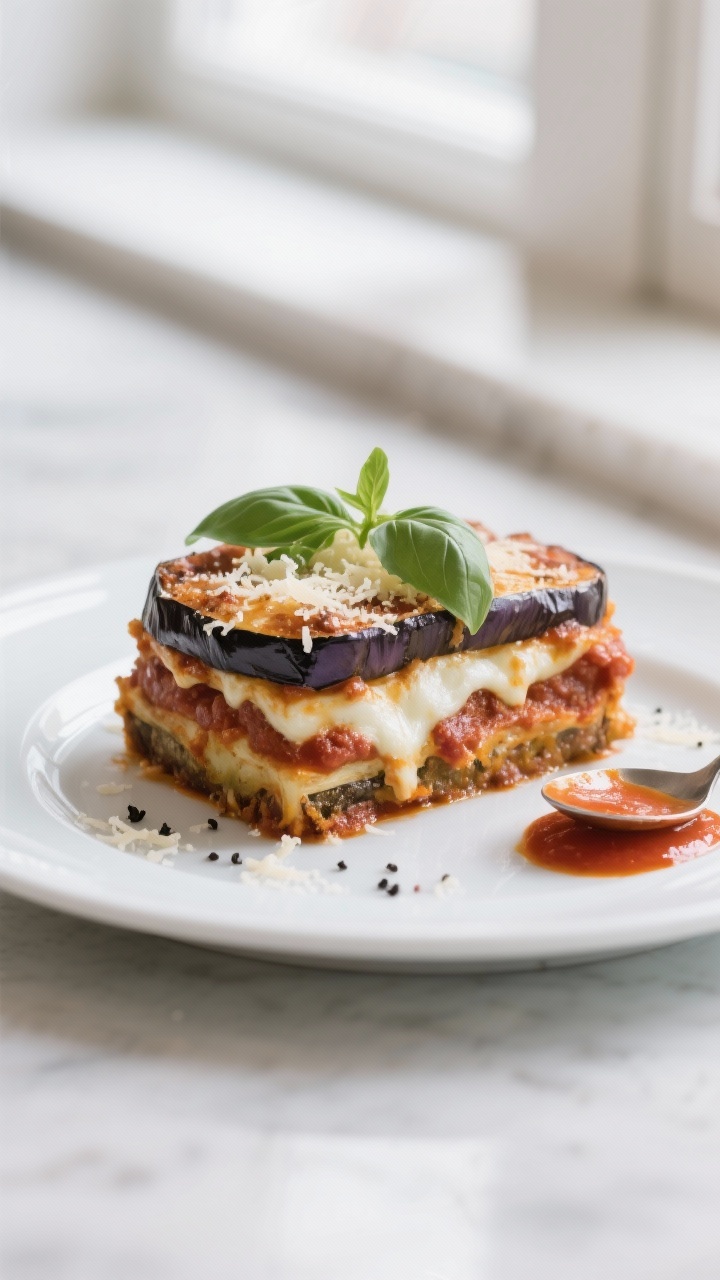 Final dish presentation: A clean slice of Eggplant Parmesan plated on a white ceramic plate, distinc