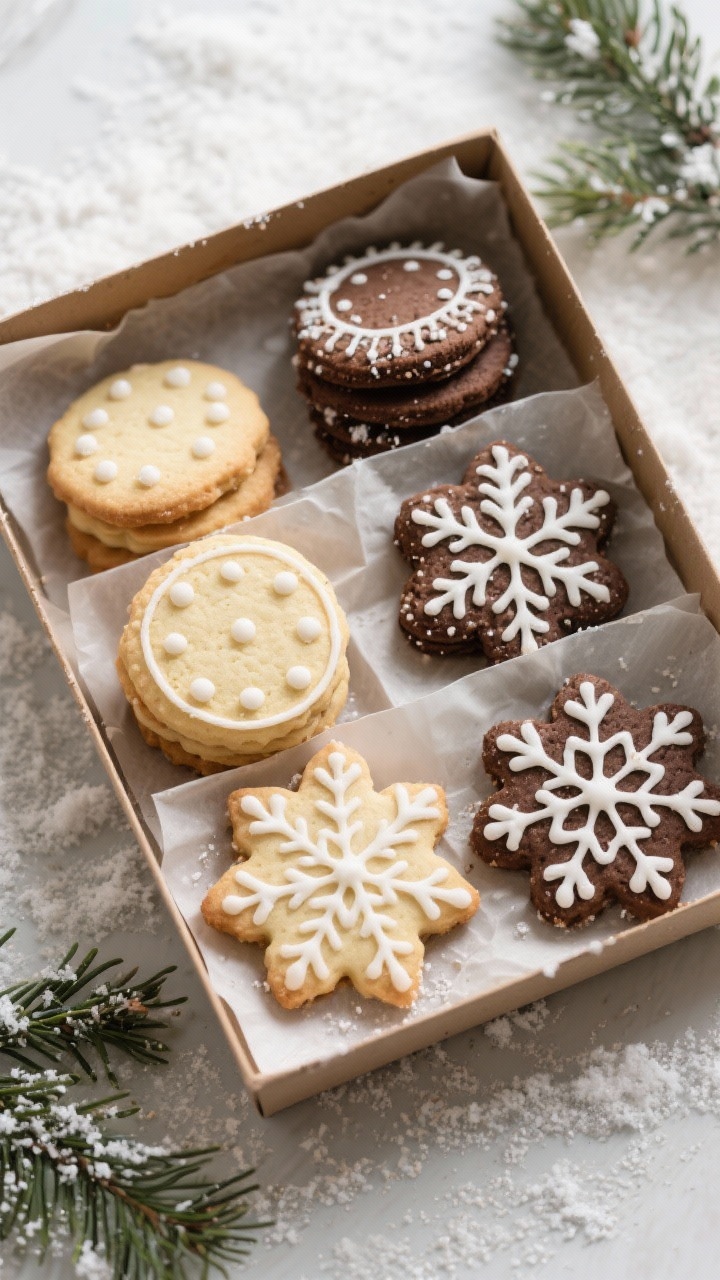 Final dish presentation: A curated holiday cookie box top-down, neatly arranged with fully dried, st