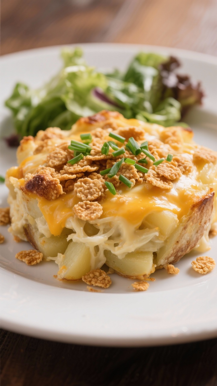 Final dish presentation: A generous plated scoop of cheesy potato casserole on a matte white plate, 