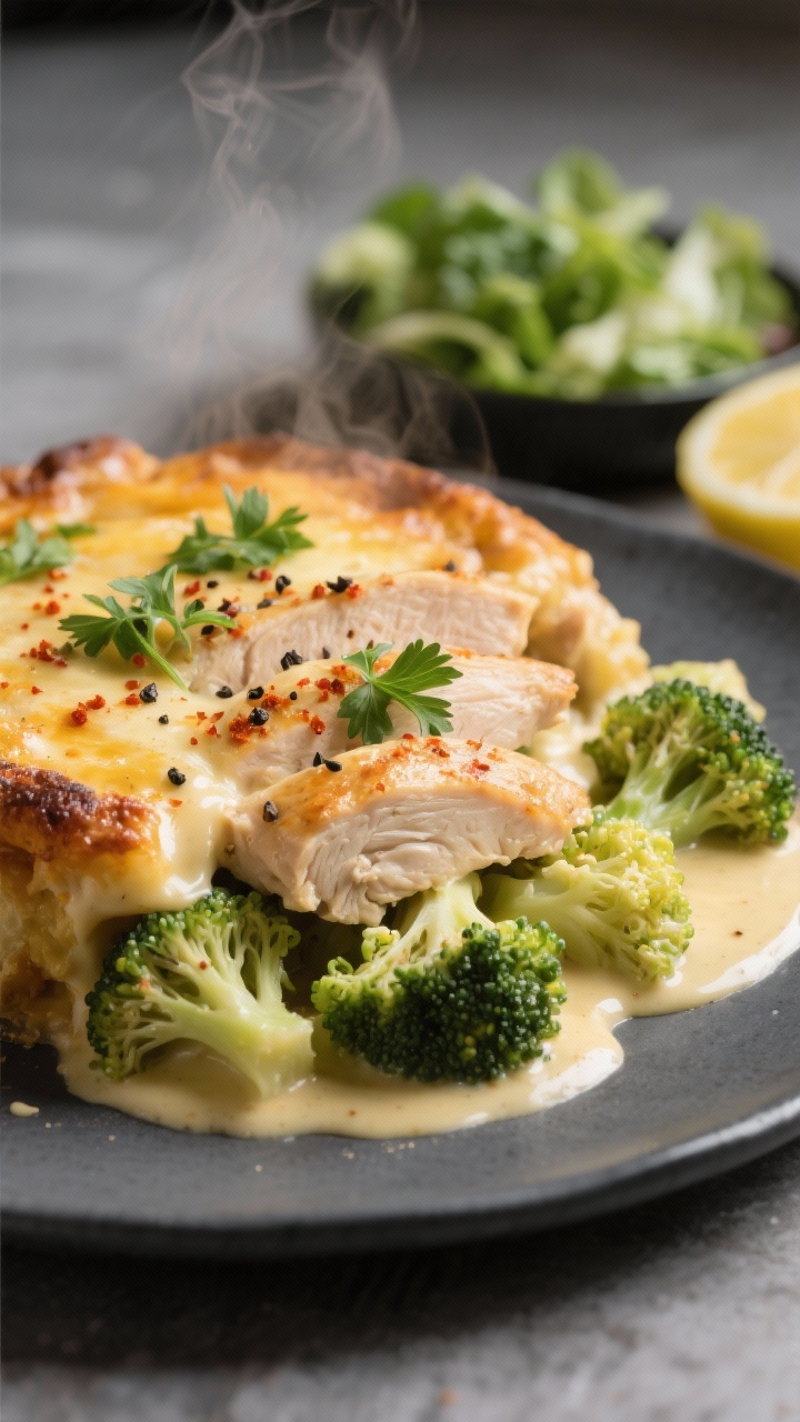 Final dish presentation: A generous plated serving of the casserole on a matte charcoal plate, showi