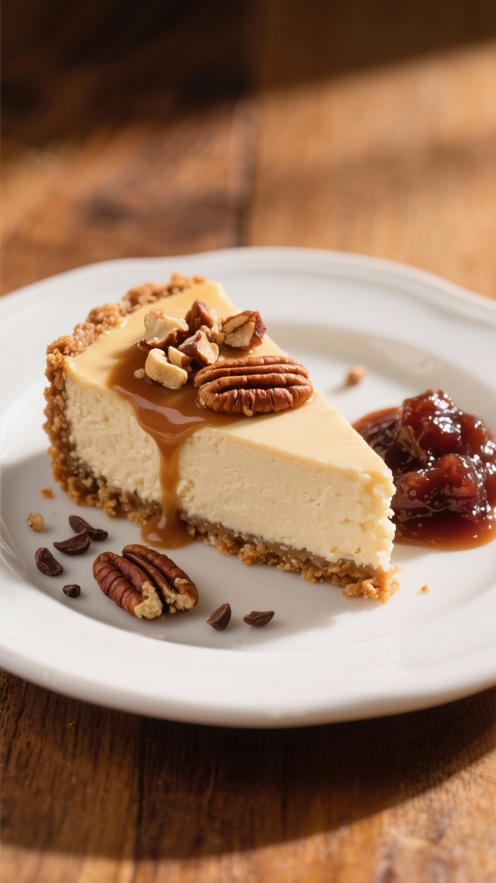 Final dish presentation: A plated wedge of cheesecake with a caramel-kissed date–nut crust, silky 