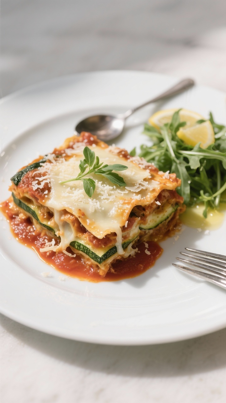 Final dish presentation: A single plated serving of zucchini lasagna on a wide white rimmed plate wi