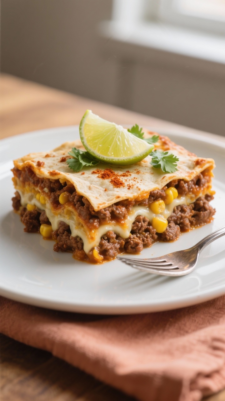 Final dish presentation: A single plated square of leftover ground beef enchilada casserole on a mat