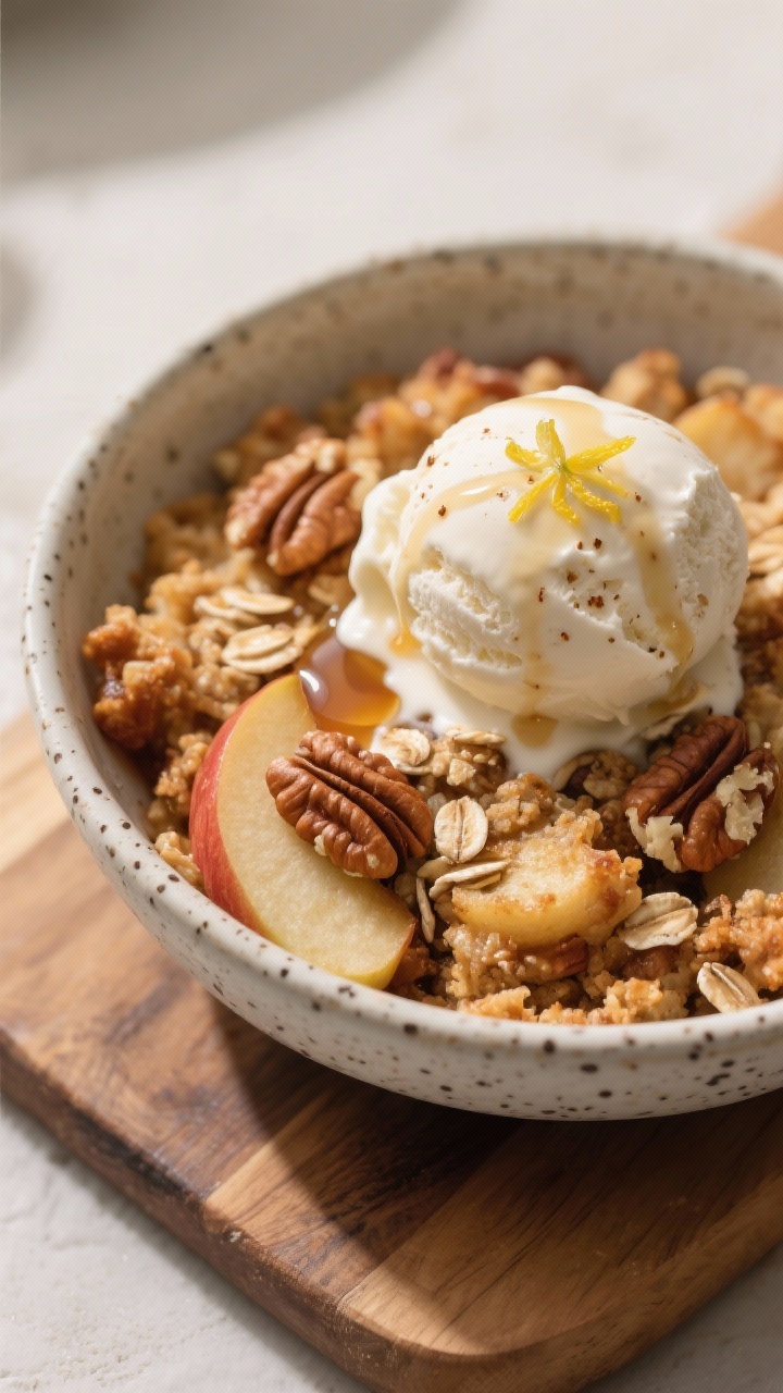 Final dish presentation: A single-serve bowl of warm apple crisp topped with a melting scoop of vega