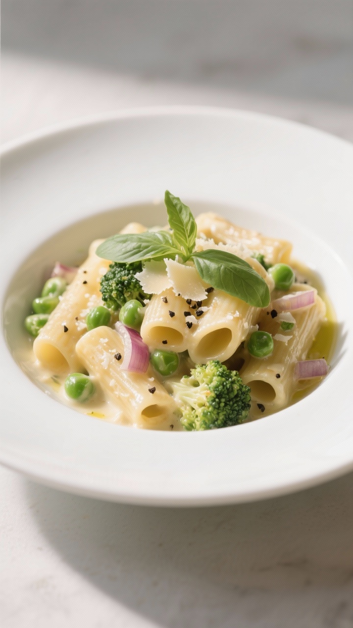 Final dish presentation: A single serving of the creamy vegetable pasta bake plated in a wide, shall