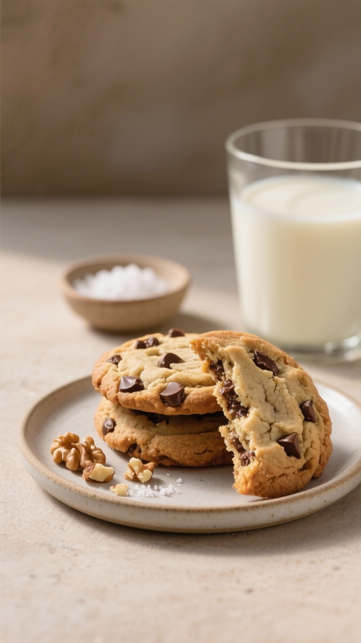 Final dish presentation: A small dessert plate stack of three banana chocolate chip cookies with cri