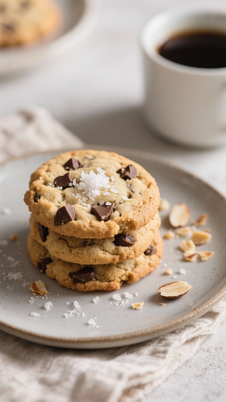 Final dish presentation: A small stack of keto chocolate chip cookies on a matte ceramic plate, edge