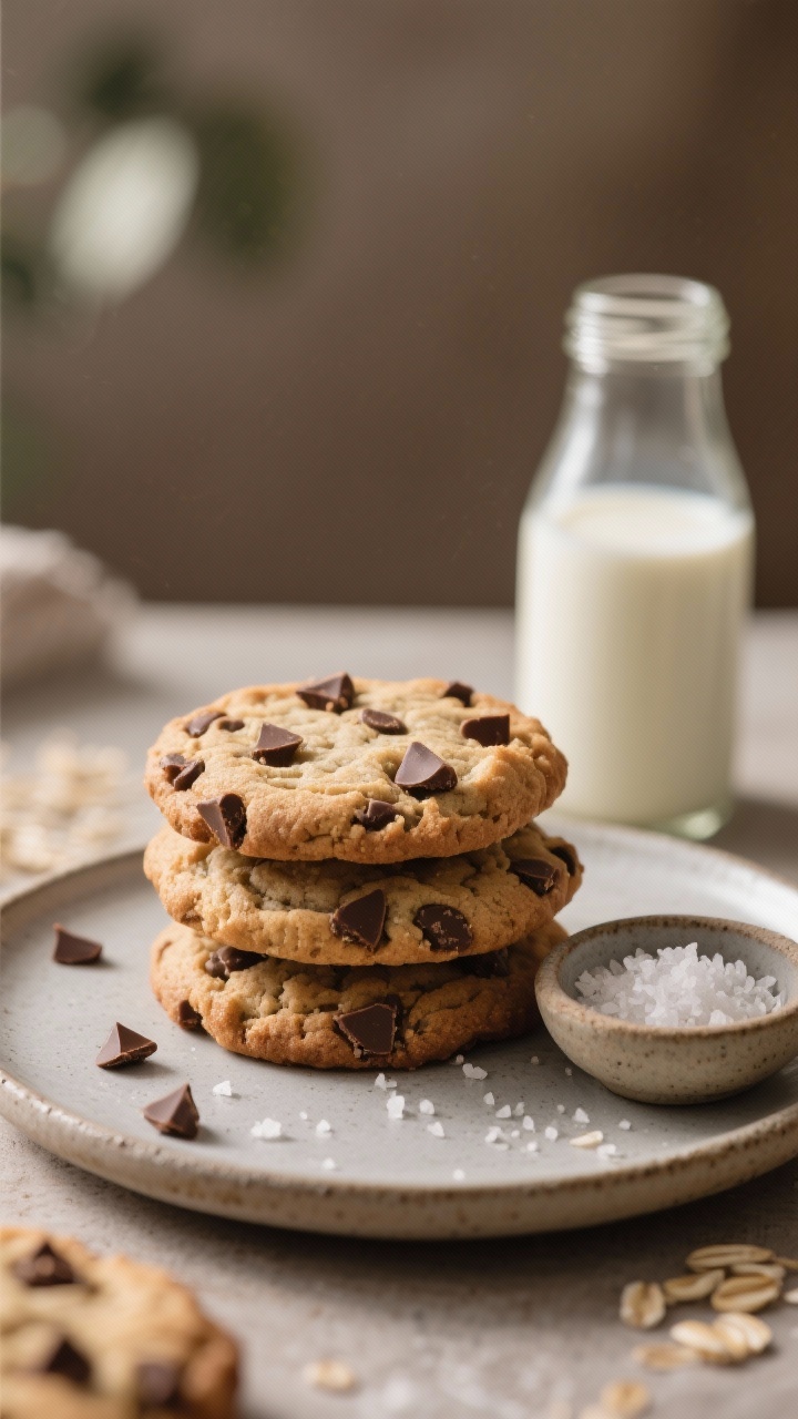 Final dish presentation: A stack of three vegan GF chocolate chip cookies on a matte stoneware plate
