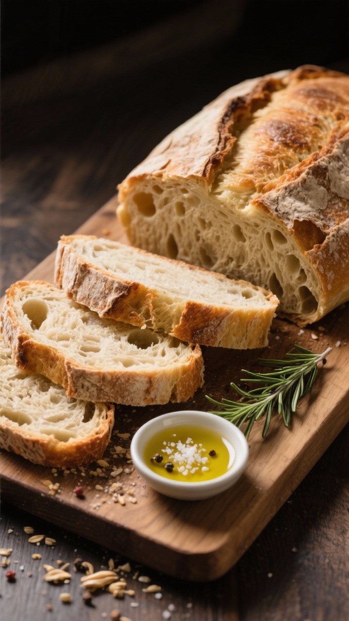 Final dish presentation: Bakery-style loaf sliced on a wooden board, open-faced slices showing big, 