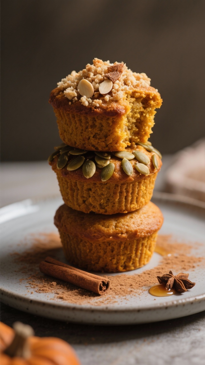Final dish presentation: Bakery-style stack of three pumpkin muffins with tall domes on a matte cera