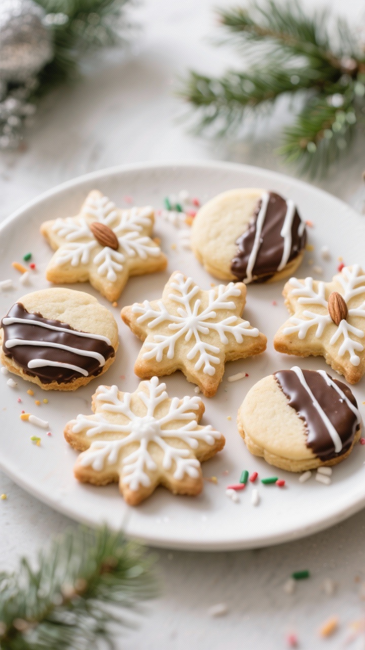 Final dish presentation: Beautifully plated assortment of fully decorated vegan sugar cookies with b