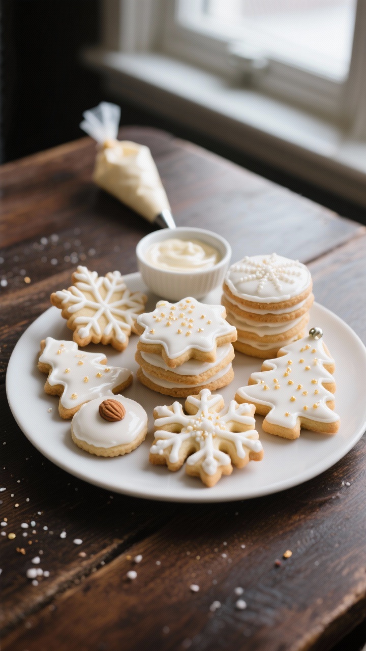 Final dish presentation: Beautifully plated assortment of iced vegan cut-out sugar cookies on a matt