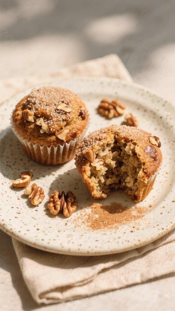 Final dish presentation: Beautifully plated Banana Nut Crunch variation—two muffins on a ceramic s