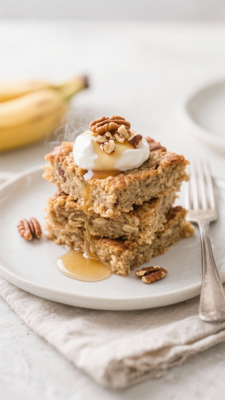 Final dish presentation: Beautifully plated Banana Oatmeal Bake squares stacked on a matte white pla