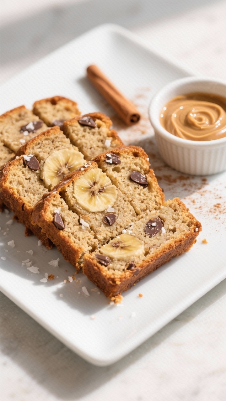 Final dish presentation: Beautifully plated banana bread squares cut into even 9 pieces on a matte w