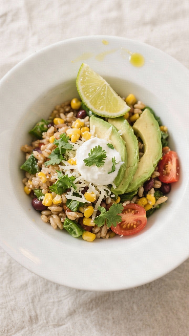 Final dish presentation: Beautifully plated Budget Clean Tex-Medley Bowl in a matte white shallow bo