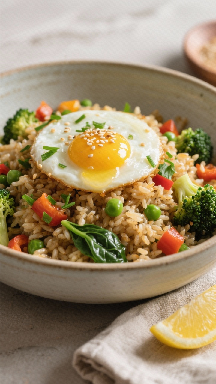 Final dish presentation: Beautifully plated Garlic Butter Veggie Rice Bowl in a wide, shallow cerami