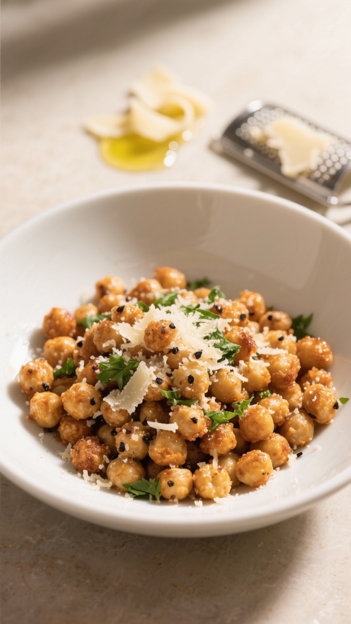 Final dish presentation: Beautifully plated Garlic-Parmesan crispy chickpeas in a low, wide white bo