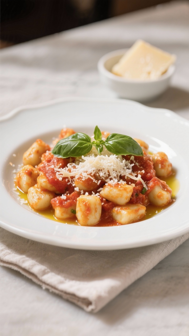 Final dish presentation: Beautifully plated gnocchi with tomato basil sauce on a white rimmed plate,