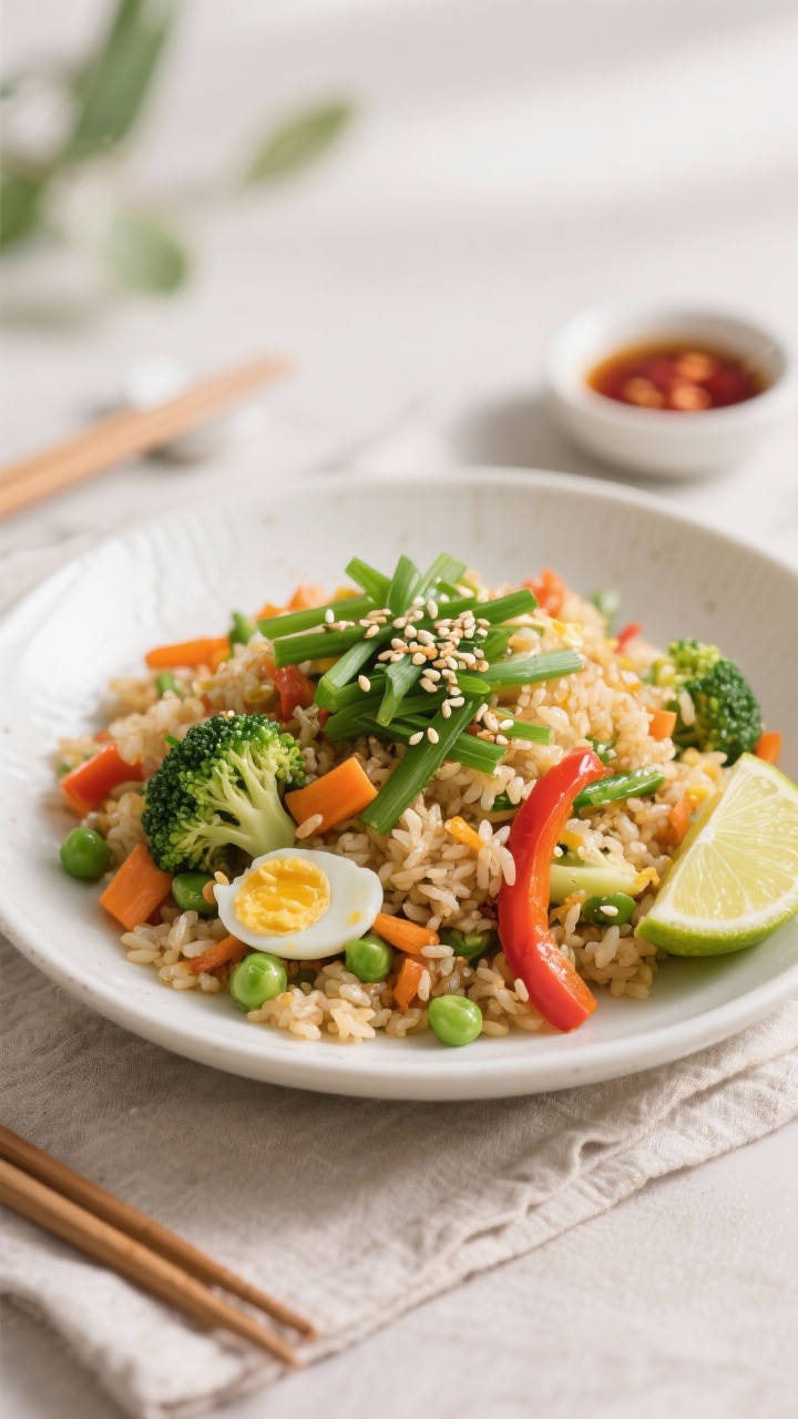 Final dish presentation: Beautifully plated leftover veggie fried rice in a shallow white ceramic bo