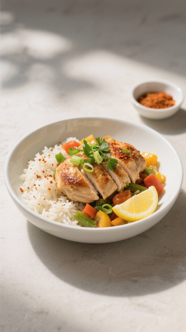 Final dish presentation: Beautifully plated one-pot chicken, rice & veggie dinner in a wide white bo