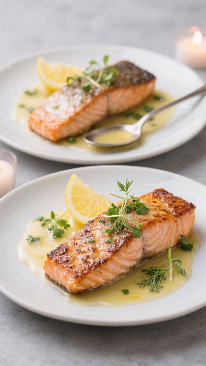 Final dish presentation: Beautifully plated Pan-Seared Salmon with Lemon Butter for Valentine’s Da