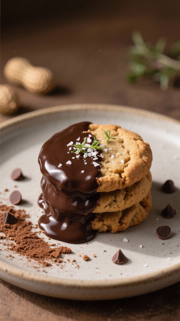 Final dish presentation: Beautifully plated peanut butter cookies dipped halfway in glossy melted ve