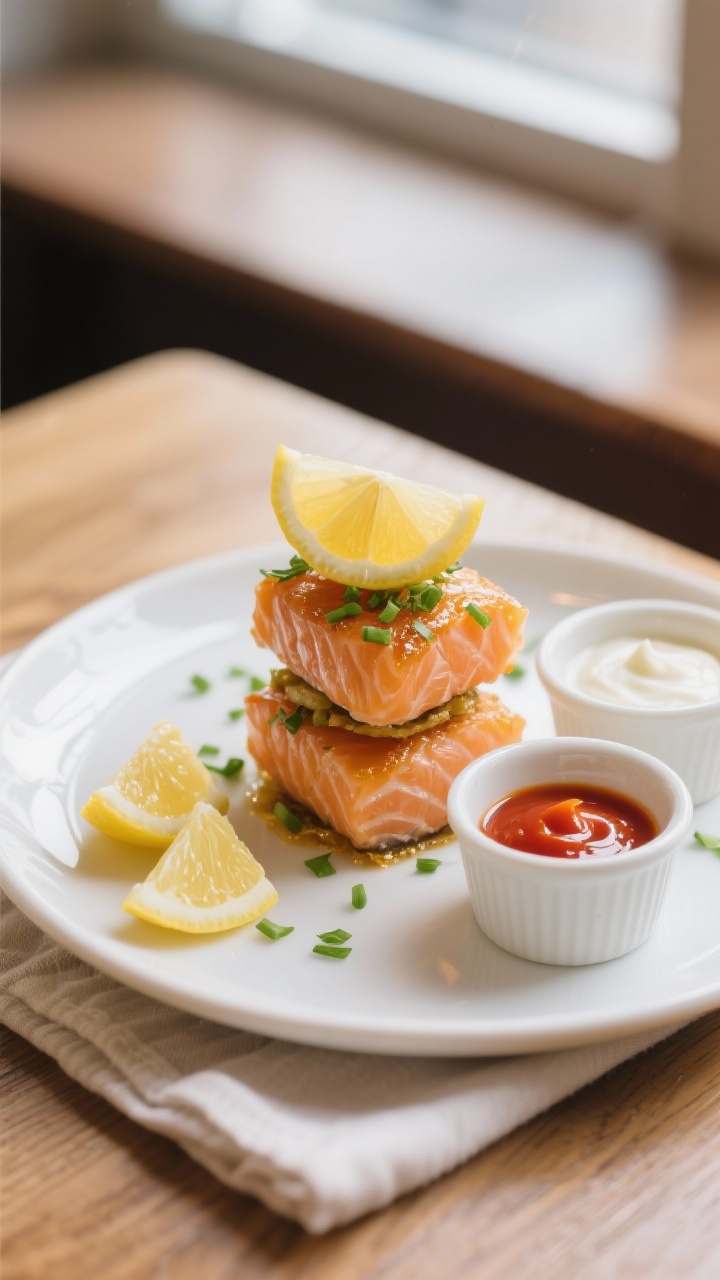 Final dish presentation: Beautifully plated salmon bites stacked on a white ceramic plate with a squ
