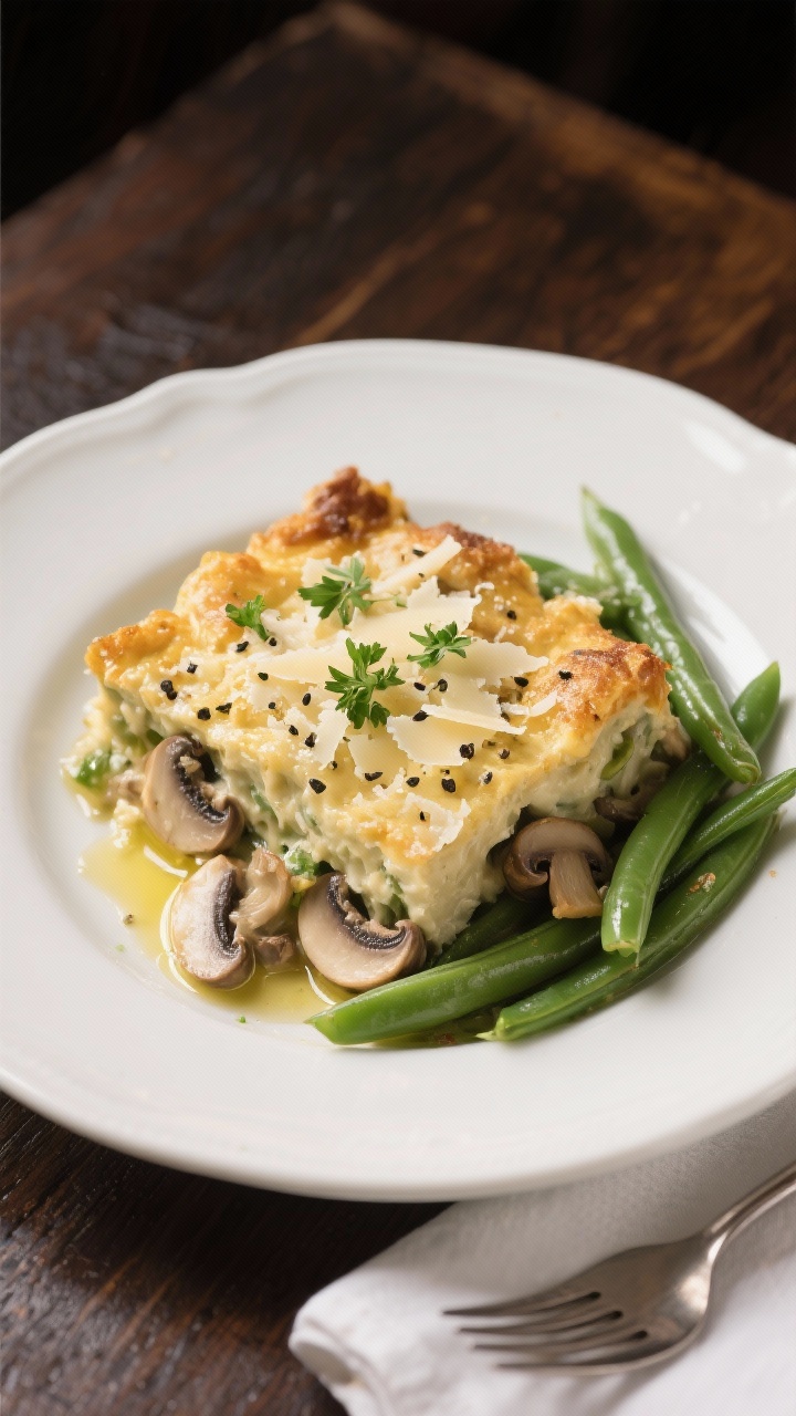 Final dish presentation: Beautifully plated serving of the low-carb green bean casserole on a white 