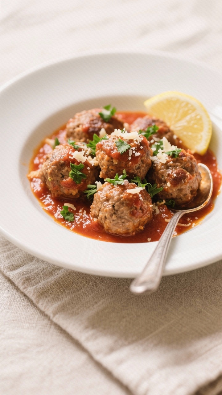 Final dish presentation: Beautifully plated turkey meatballs tossed in warm marinara, garnished with