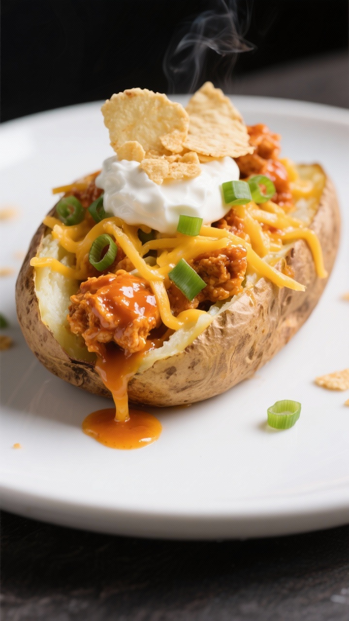 Final dish presentation: Buffalo chicken loaded baked potato split and fluffed, drenched in glossy b