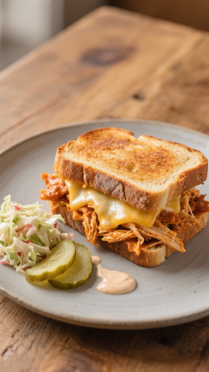 Final dish presentation: Buffalo chicken melt on thick-cut sourdough, golden-brown and buttery with 