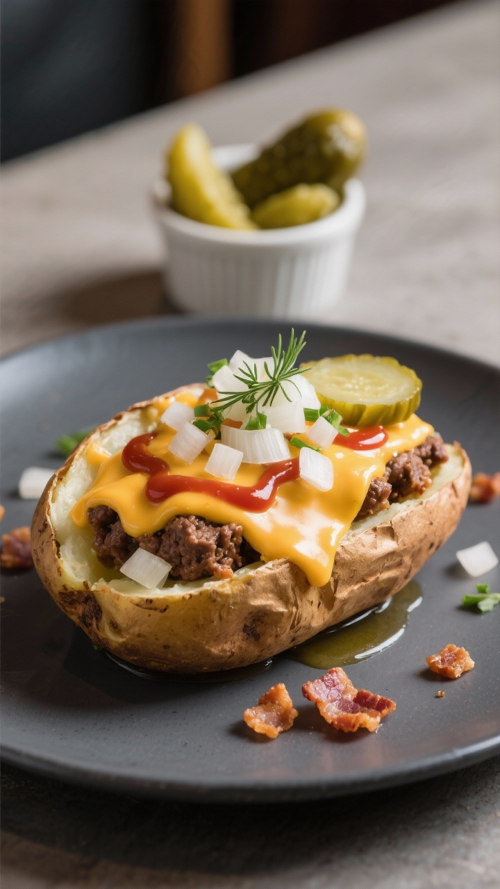 Final dish presentation: Cheeseburger-style loaded baked potato plated on a matte charcoal plate—s
