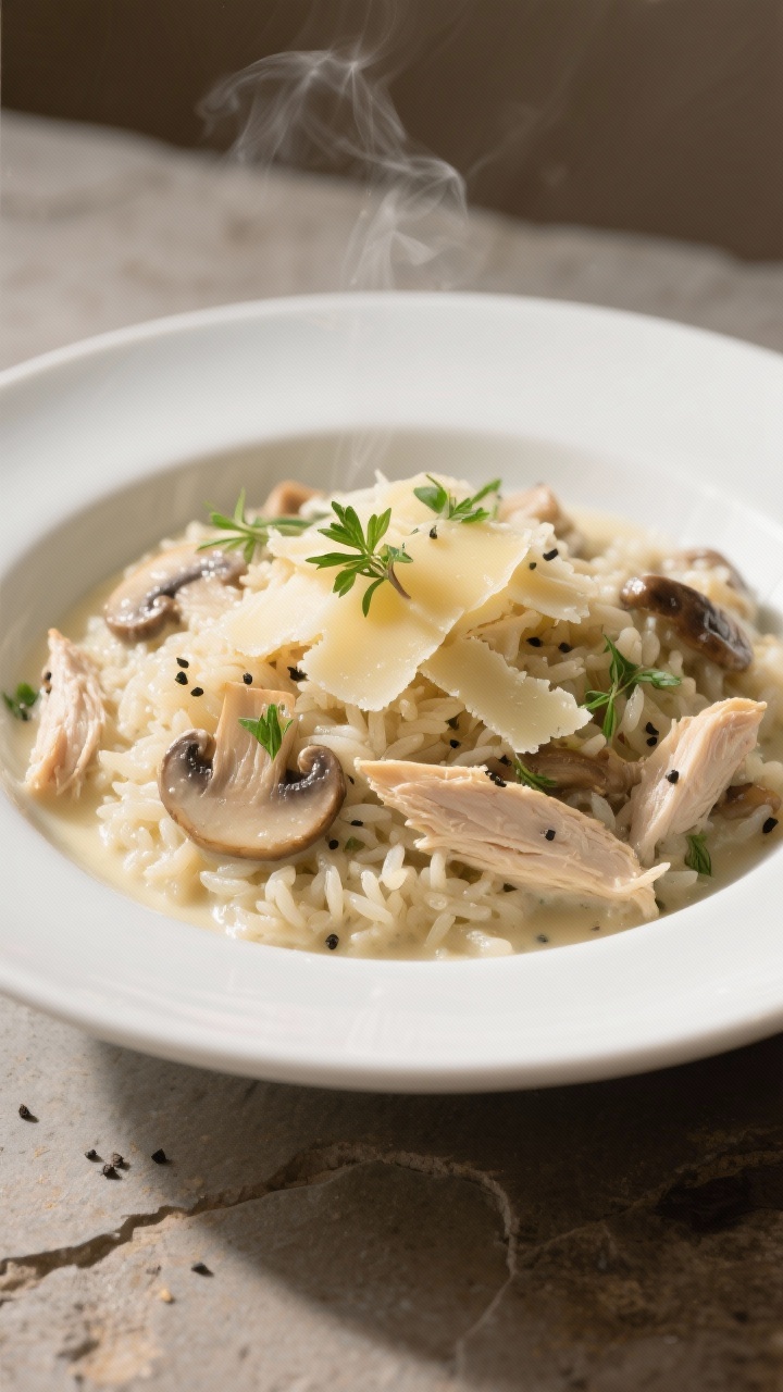 Final dish presentation: Creamy chicken rice skillet plated elegantly—creamy, glossy rice with mus