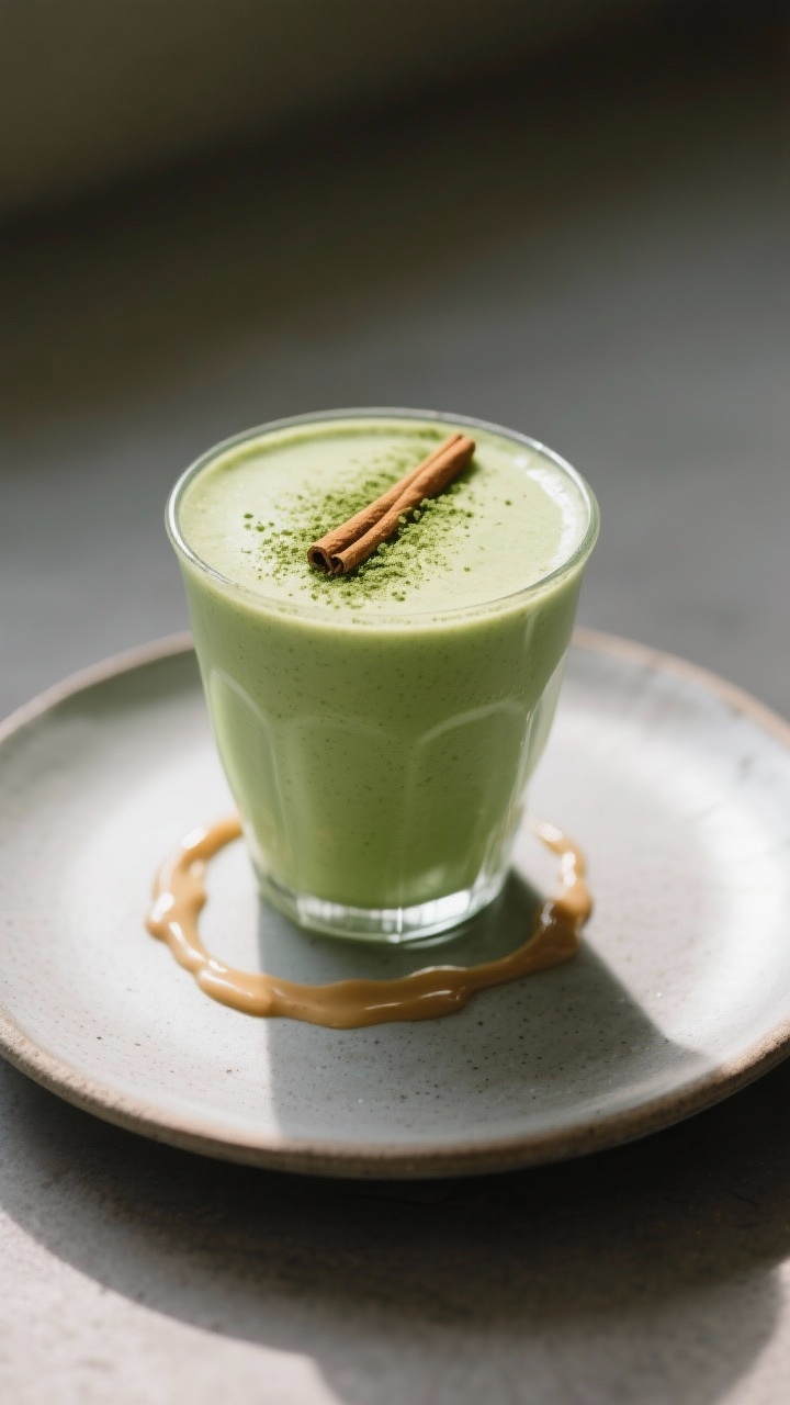 Final dish presentation: Creamy Matcha Green smoothie in a stemless glass on a small matte ceramic p