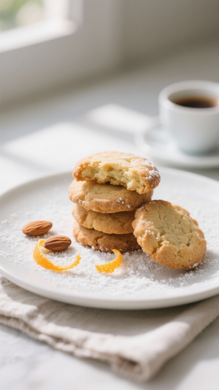 Final dish presentation: Elegant plate of baked Italian almond–orange cookies stacked casually, on